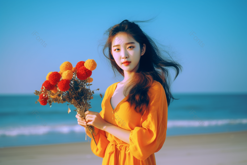 妇女手持鲜花海边蓝色背景的美女摄影真实,高清,摄影图,摄影图片,图片大全,摄影图免费下载